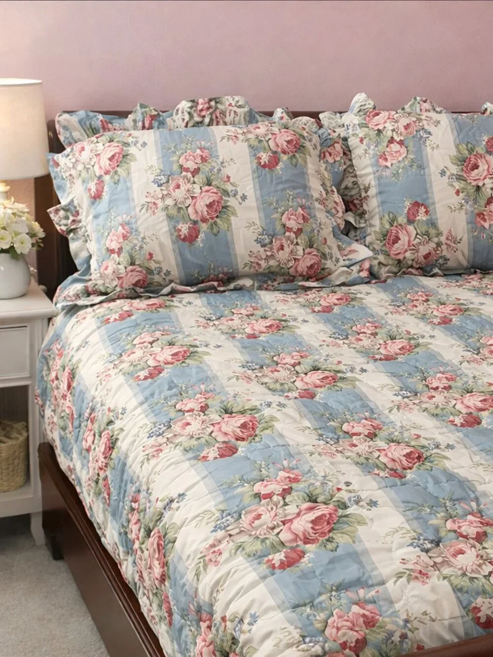 Ethan Allen Custom Bedding Shams Floral Strip Victorian Cottagecore Shabby Chic